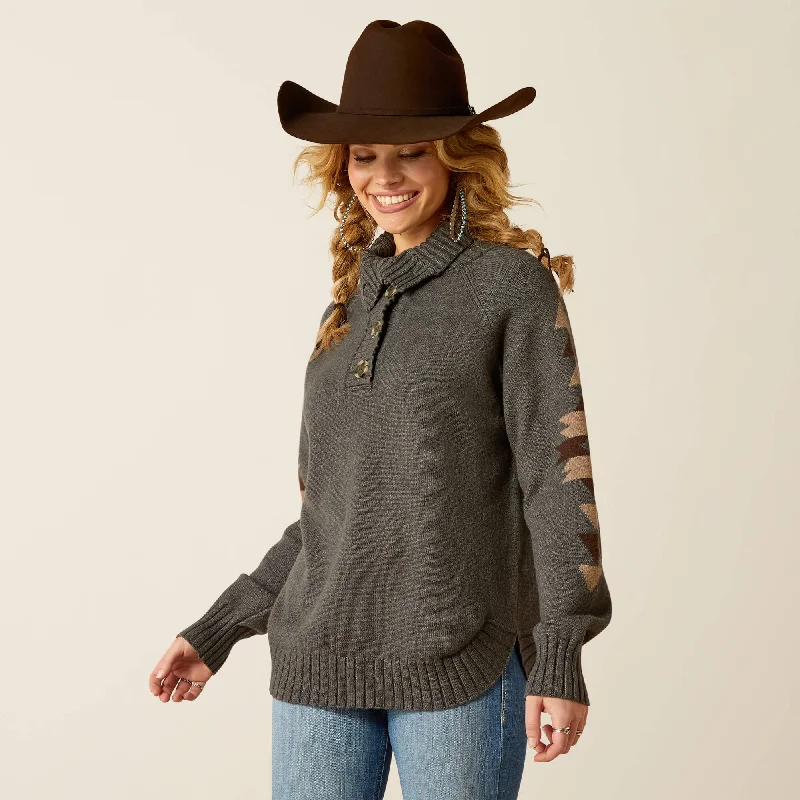 Ariat Ladies Heather Grey Madison Sweater with Southwest Pattern on Sleeves Nylon Fabric Polyester Fabric Spandex Fabric