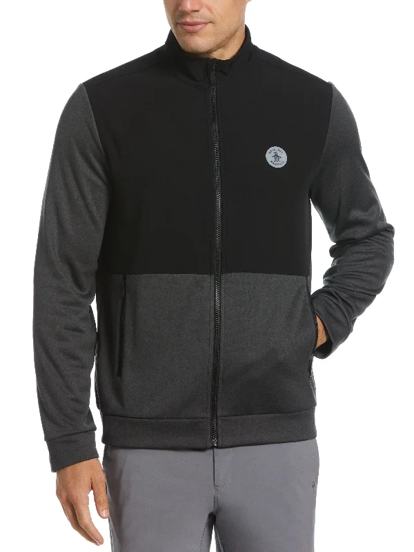 Men's Color Block Fleece Full Zip Jacket Front Pockets Side Pockets Patch Pockets