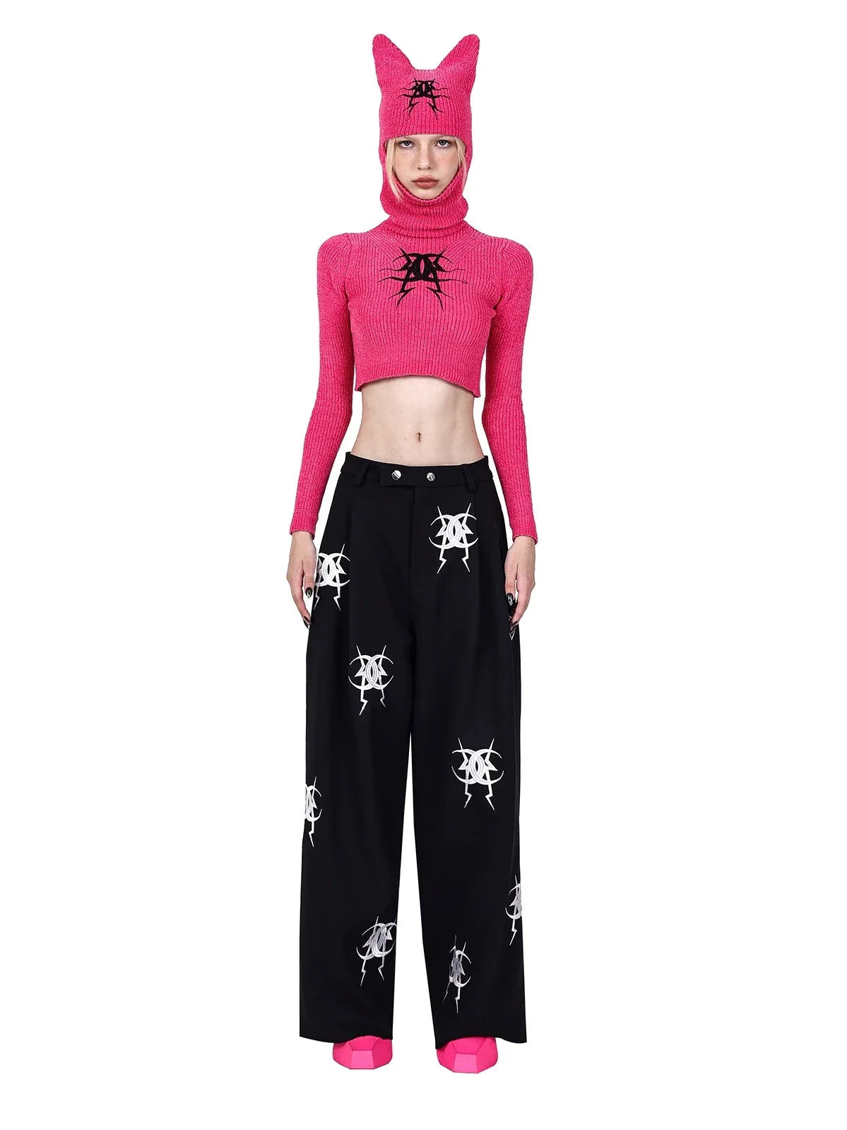 PINKSPINK Anarchy Symbol Wide-Leg Trousers - Black and White Trousers Gym Athletic