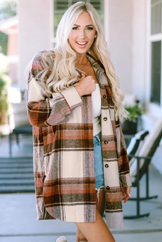 Brown and Cream Plaid Shirt Jacket Hooded Jacket Caped Jacket Shawl Collar Jacket