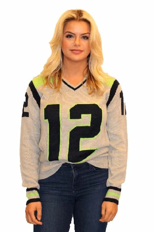 Gray Seattle Tribute Sweater with "12" and green V-Neck (UNISEX SIZING) Layered Multi-layer Single Layer