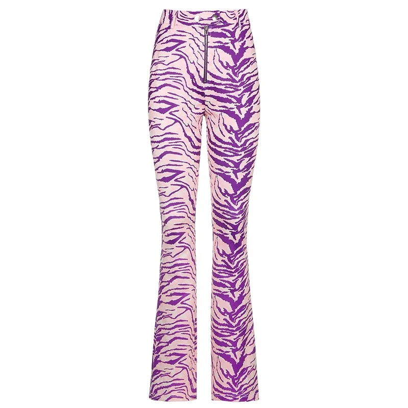 Rapcopter Zebra Printed Pants Y2K Full Length Purple Trousers High Waist Zipper Cargo Pants Animal Women Party Outfits Clubwear Trousers Fleece Cozy