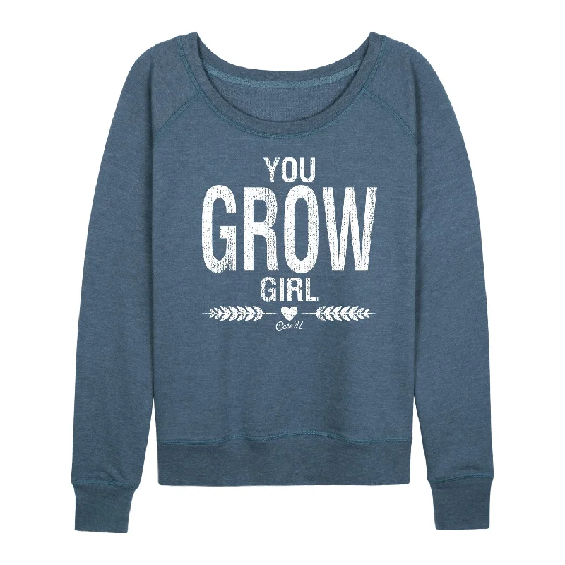 You Grow Girl, Distressed Womens French Terry Pullover Besom Neck Pullover