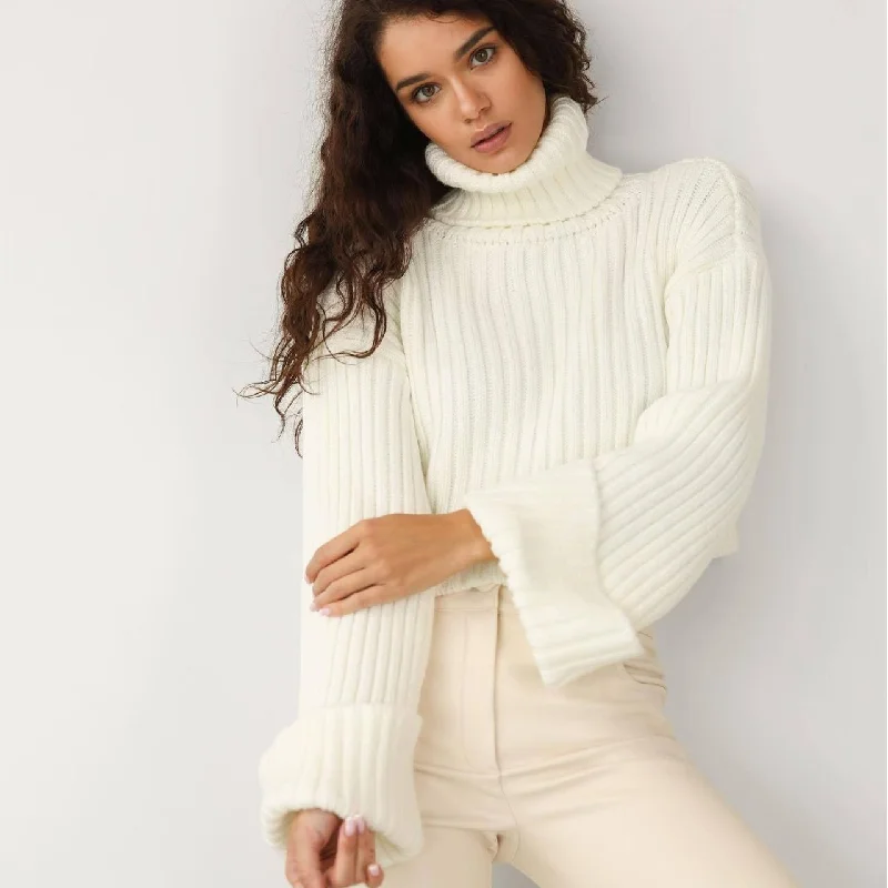 Casual High Neck Trumpet Sleeves Pullover Sweaters Bolero Style Sweater