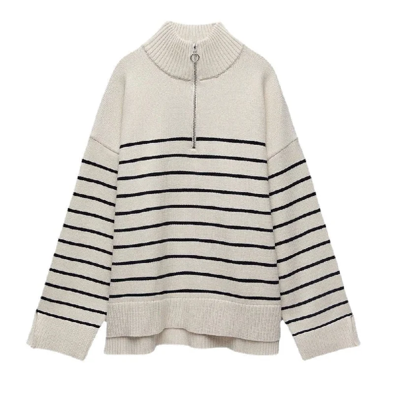 Fashion Striped Zipper High Neck Knitted Sweaters Cashmere Blend Cotton Blend Poly Blend