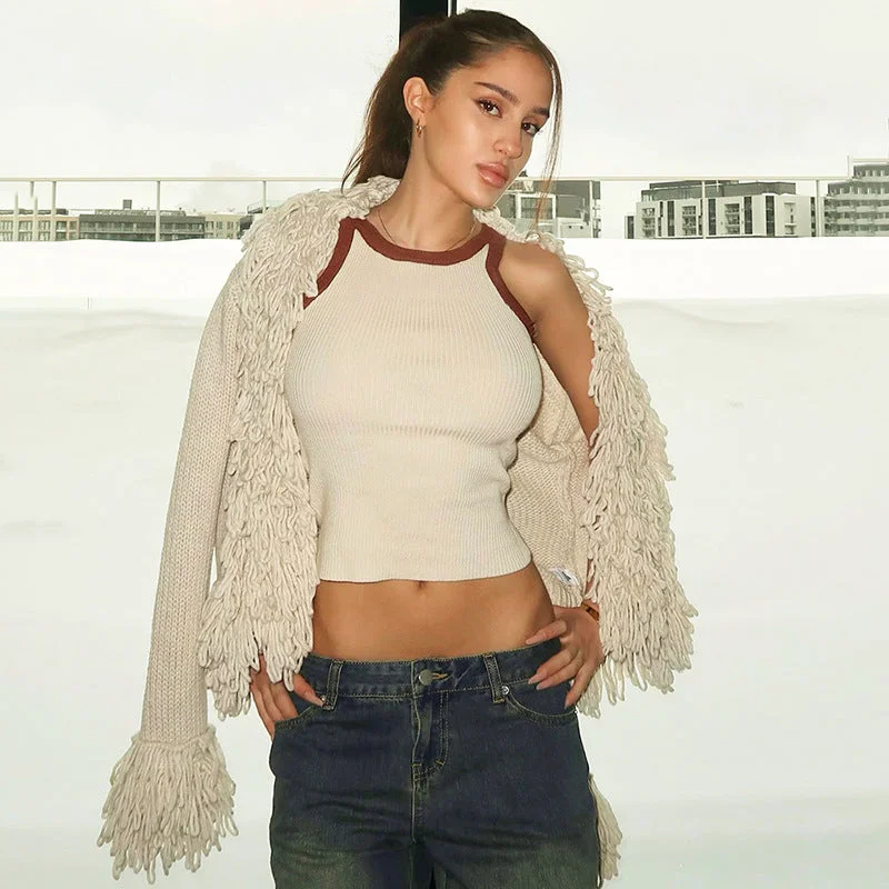 Fashion Long Sleeves Tassels Knitted Sweaters Handmade Hand-knitted Hand-woven