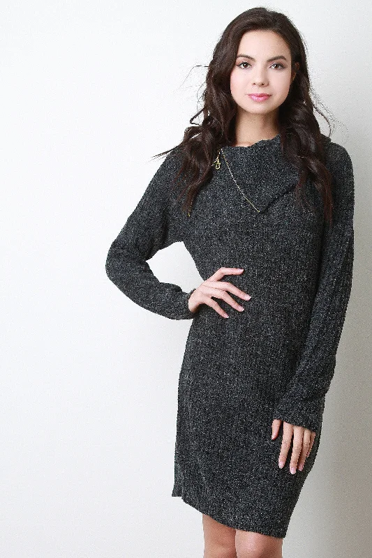 Zipper Turtleneck Sweater Dress Seamless Knitted Crochet