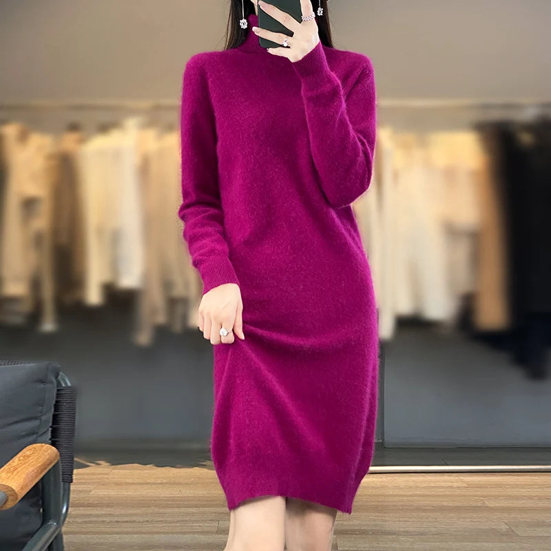 Bonnyshow Female New  Autumn And Winter Mink Cashmere Sweater Woman High Turn-Down Collar Long Dress Pullover Knitted Bottoming Skirt Plunging Neck Pullover