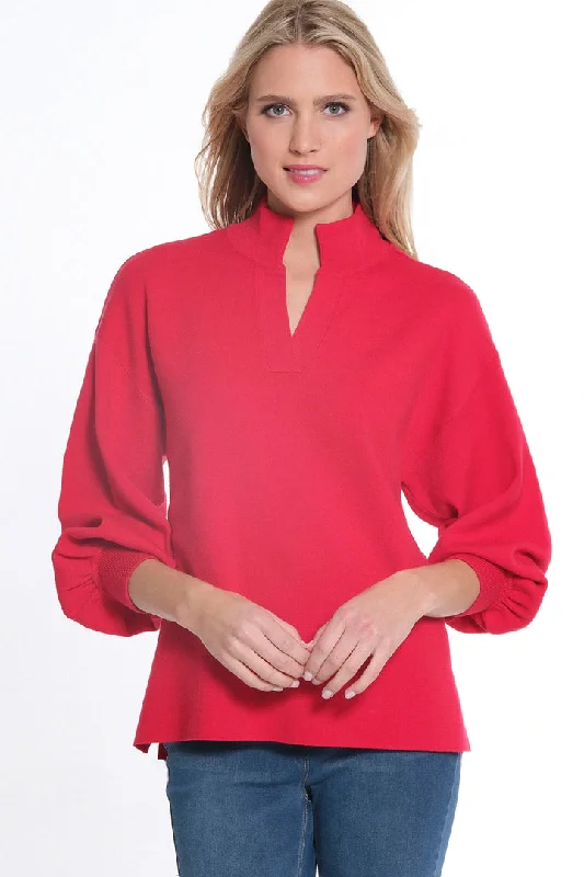 CUFFED 3/4 SLEEVE DROP SHOULDER MOCK NECK SWEATER - VIVID RED Stretchy Elastic Breathable