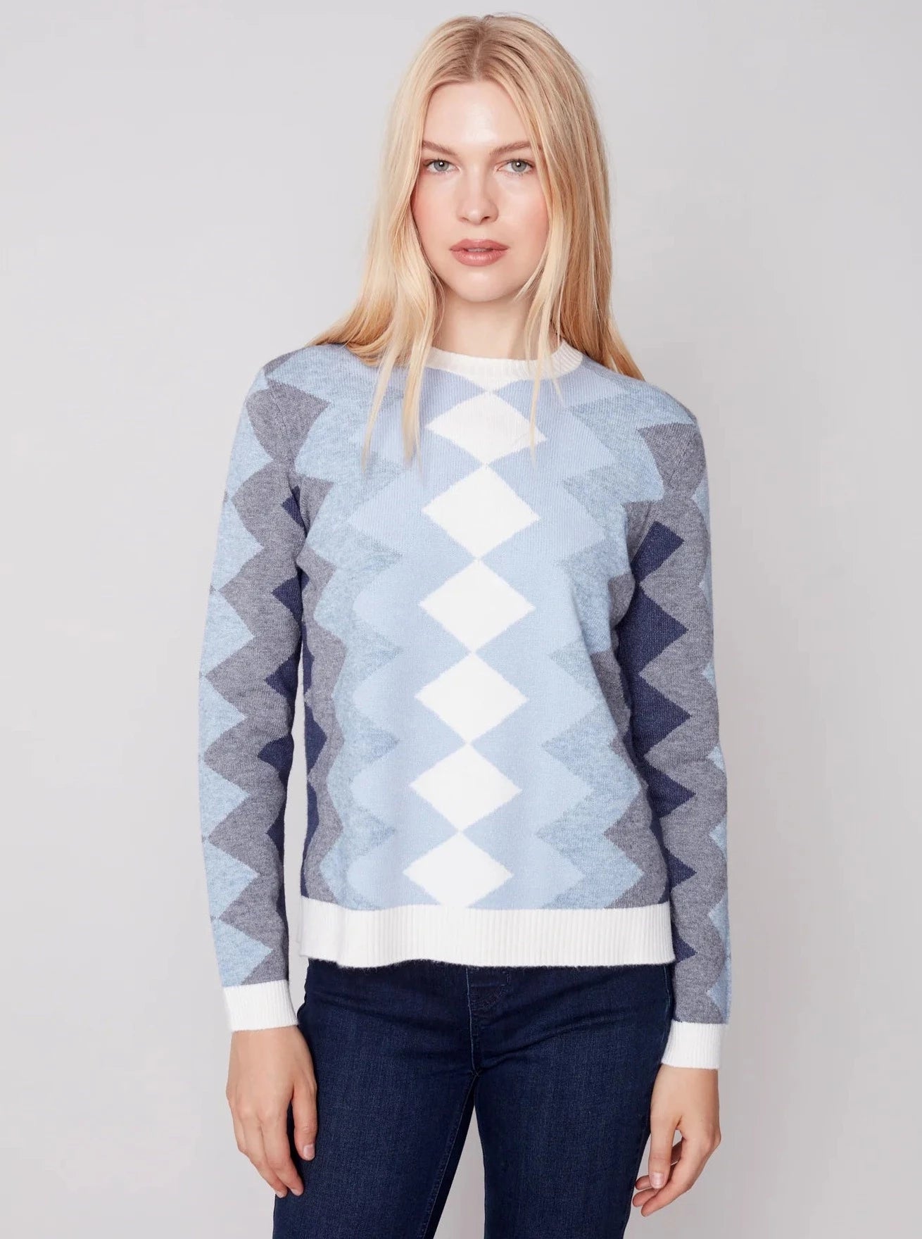 Crewneck Plushy Sweater Zig Zag Design [Snowflake-C2520] Hooded Sweater Collared Sweater Shawl Collar