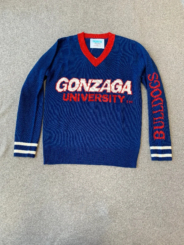 GONZAGA NAVY BLUE TRIBUTE SWEATER WITH RED V-NECK (UNISEX SIZING) Glossy Satin Silk