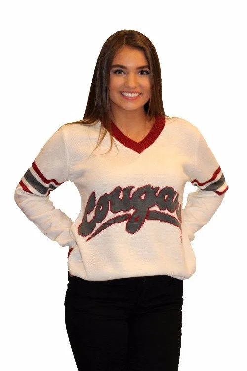 WSU White Cougars Tribute V-Neck Sweater (UNISEX SIZING) Herringbone Houndstooth Plaid