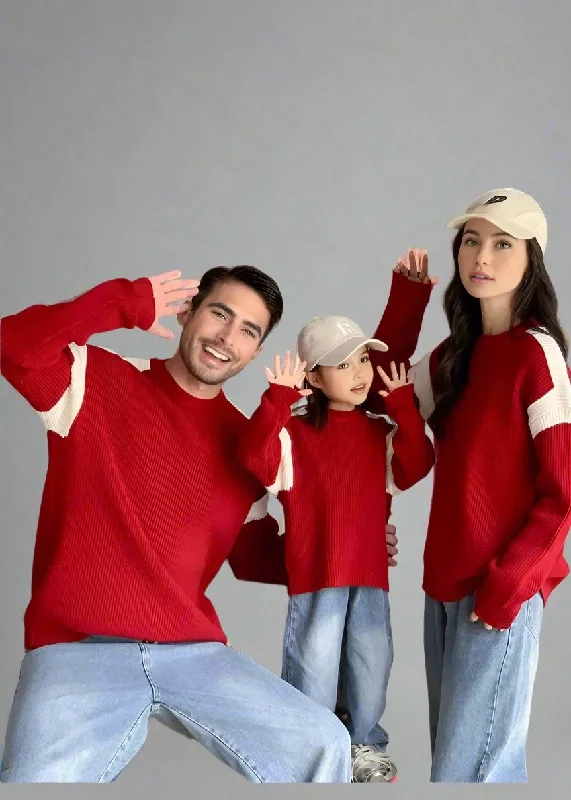 Matching Family Colorblock Knit Sweaters – Cozy Red with Modern Style Elasticated Padded Insulated