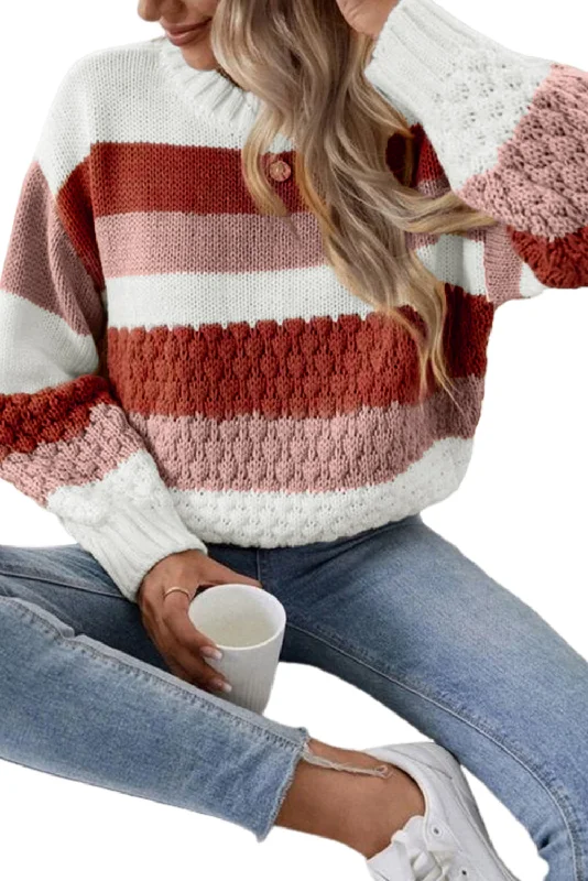 Red Stripe Cable Knit Women's Sweater Bright Pastel Dark