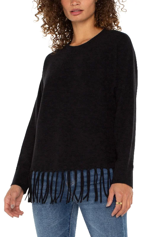 LONG SLEEVE SEAMLESS DOLMAN SWEATER W/FRINGE - BLACK Modern Contemporary Chic