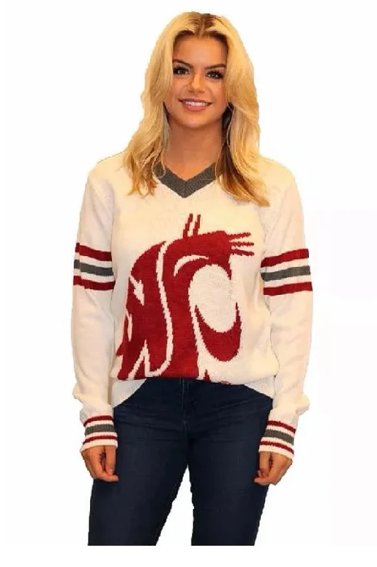 WSU White and Crimson Tribute V-Neck Sweater (UNISEX SIZING) Spandex Rayon Corduroy