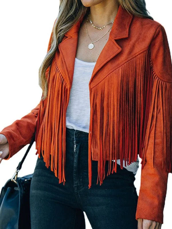 Versatile Fringe Suede Jacket Zippered Front Buttoned Front Snap Front