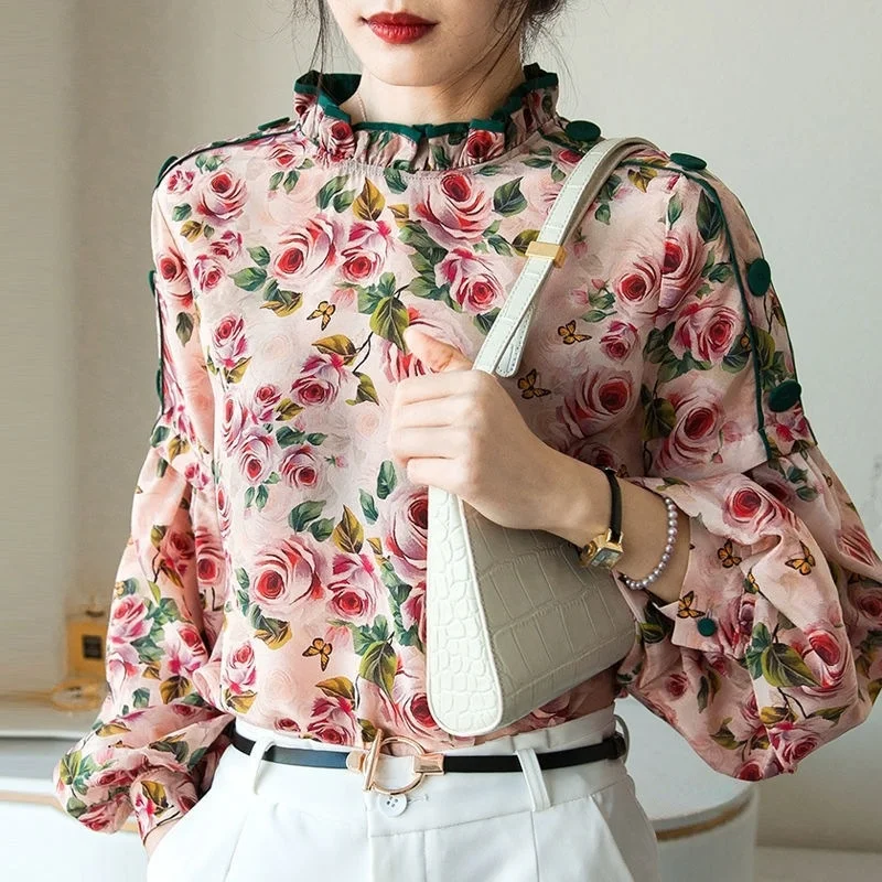 Elegant High Neck Pink Flowers Women Pullover Shirts Spaghetti Sleeve Top