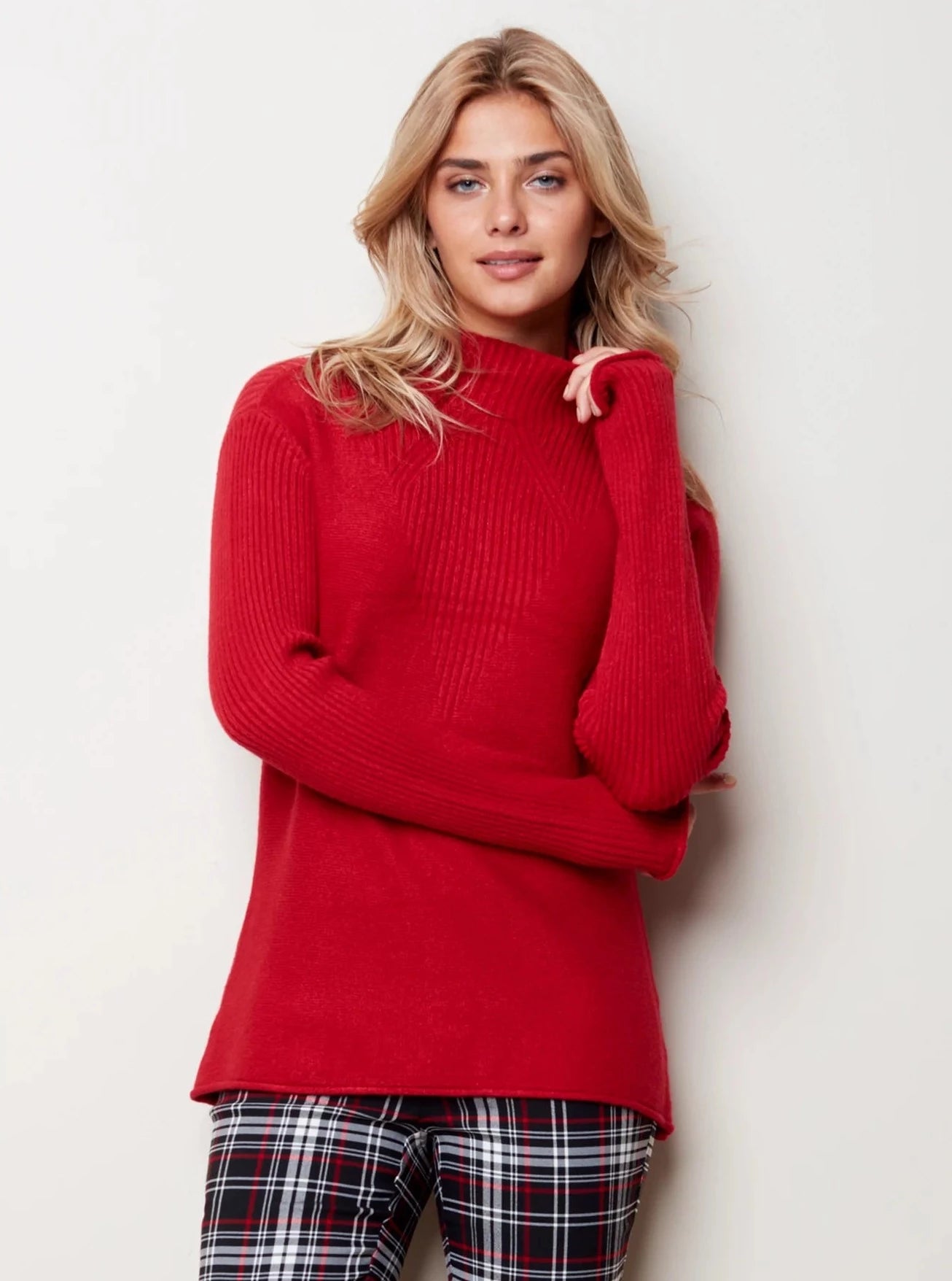 Funnel Neck Sweater with V Stitch Design [Scarlet-C2273RR] Cashmere Blend Cotton Blend Poly Blend