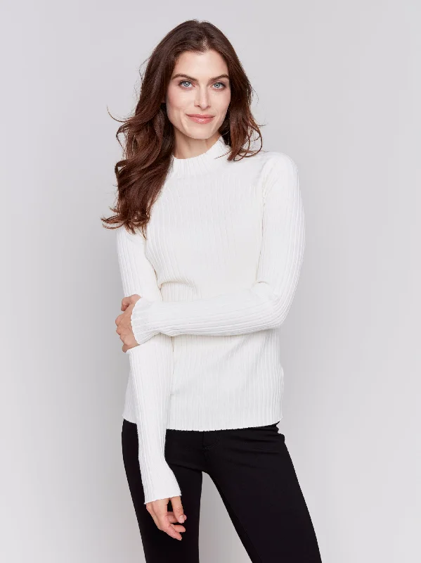 RIBBED KNIT MOCK NECK SWEATER - ECRU Thin Thick Dense