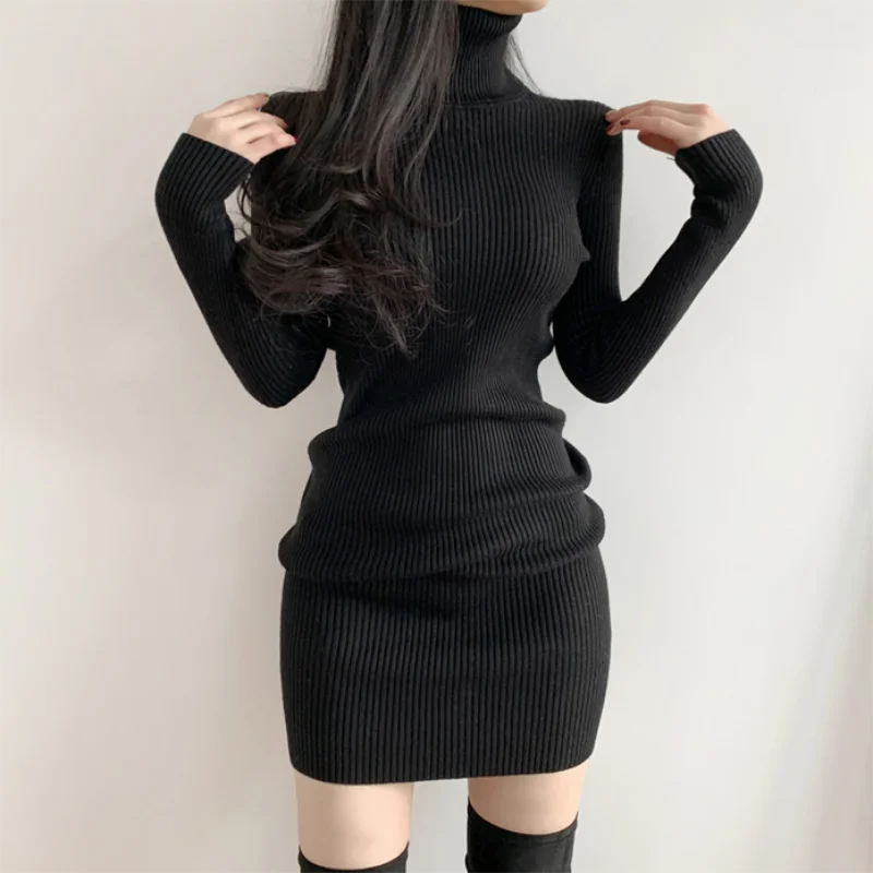 Bonnyshow Women Autumn Winter Turtleneck Warm Bodycon Dress Long Sleeve Knit Solid Office Pullover Sexy Mini Dress for Ladies Jewel Neck Pullover