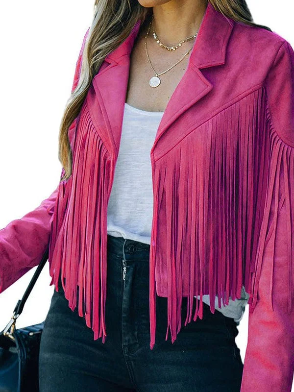 Chic Fringe Suede Jacket Welt Pockets Slit Pockets Flap Pockets