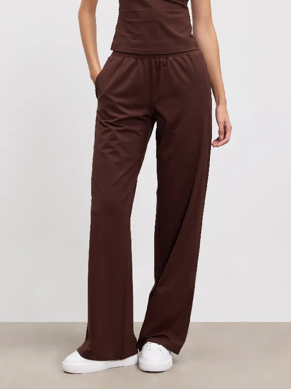 Womens Cotton Modal Wide Leg Pull On Trouser in Brown Trousers Recommended Stylist