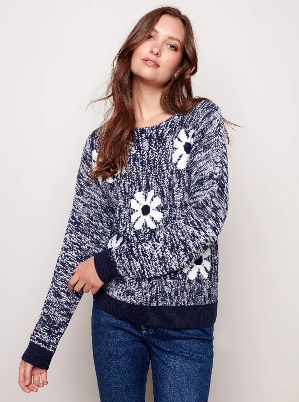 Dolman-Sleeve Boat-Neck Sweater with Flower Jacquard Design [Denim-C2463] Chenille Blend Fleece Blend Nylon Blend