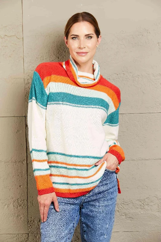 Woven Right Striped Turtleneck Drop Shoulder Sweater Terry Blend Velvet Blend Canvas Blend