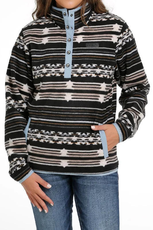 Cinch Black Southwest Stripe Print Polar Fleece Pullover for Women Crew Neck Wool