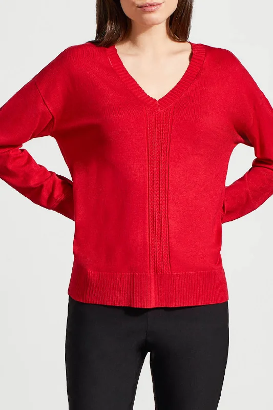 LONG SLEEVE V-NECK SWEATER W/CABLES - SCARLET Layered Multi-layer Single Layer