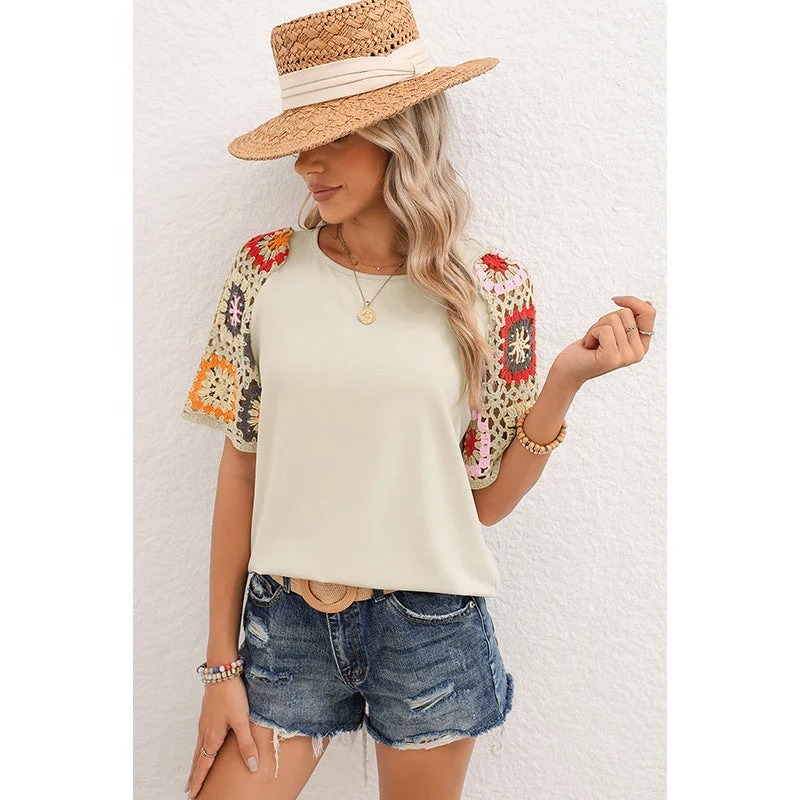 Casual Round Neck Pullover Short Sleeves T Shirts Long Bell Sleeve