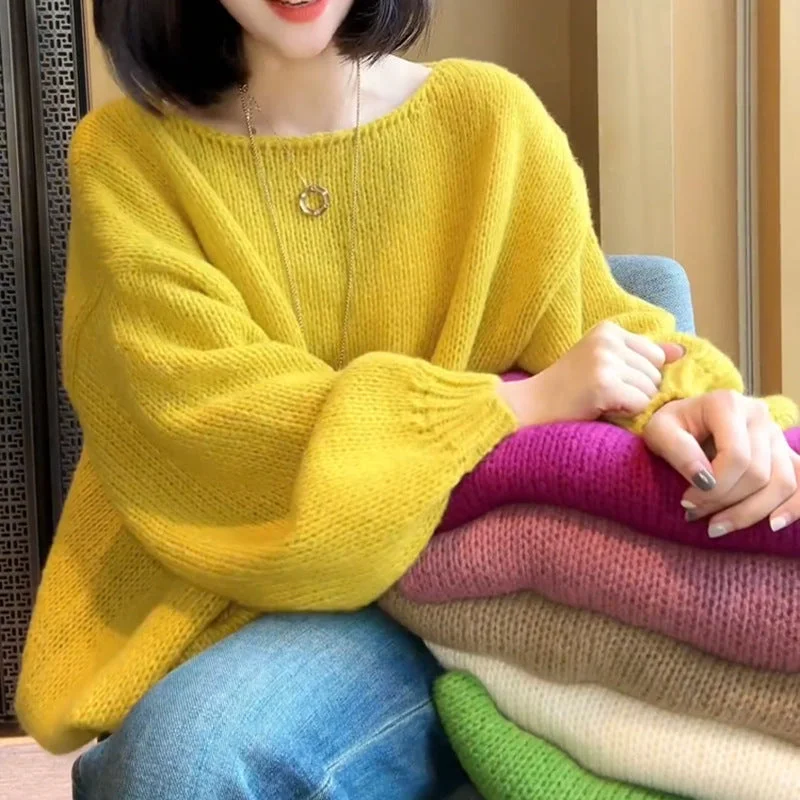 Colorful Long Sleeves Knitted Pullover Sweaters Deep Neck Pullover