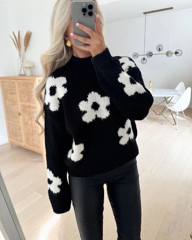 JDY striktrøje kilian flower l/s pullover knit black/ecru flower Short Puff Sleeve