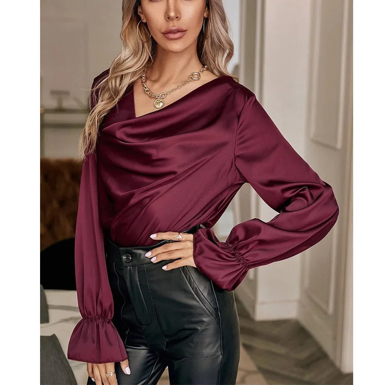 Elegant Satin Pullover Long Sleeves Women Shirts Boat Neck Sweater