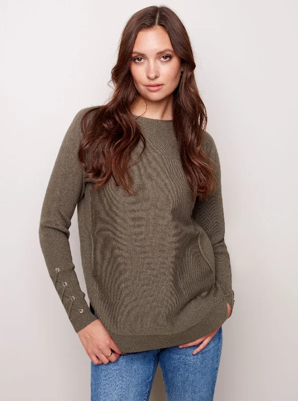 Sweater with Criss Cross Sleeve Detail [Pine-C2380R] Mesh Blend Leather Blend Suede Blend