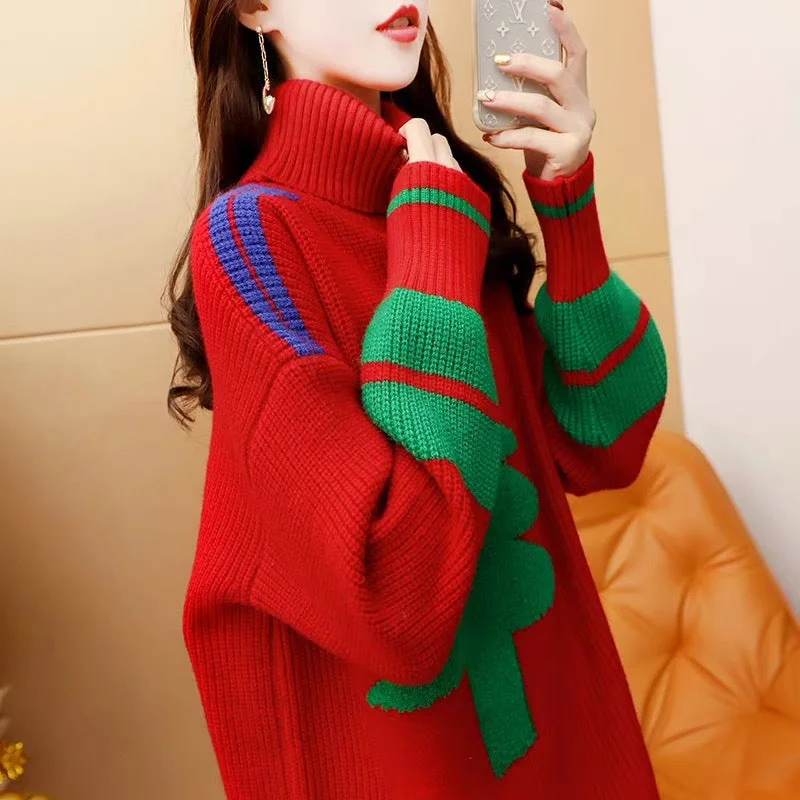 Merry Christmas Turtleneck Tree Design Women Knitting Sweaters Iron Safe Non-Iron Wrinkle Free