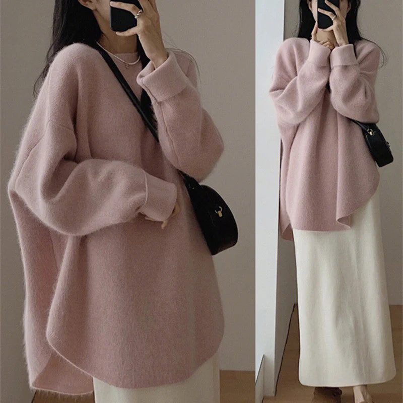 Casual Round Neck Knitted Pullover Sweaters Shirred Sleeve Feminine