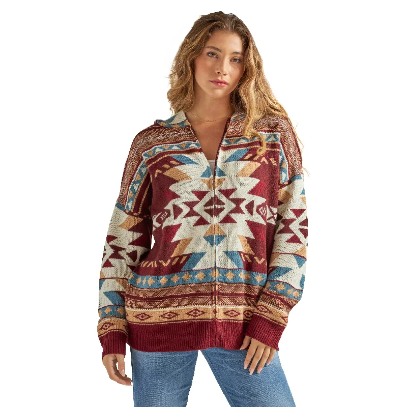 Women's Wrangler Retro Burgundy Multi Aztec Print Full Zip Hooded Sweater Jersey Fabric Tulle Fabric Batik Fabric