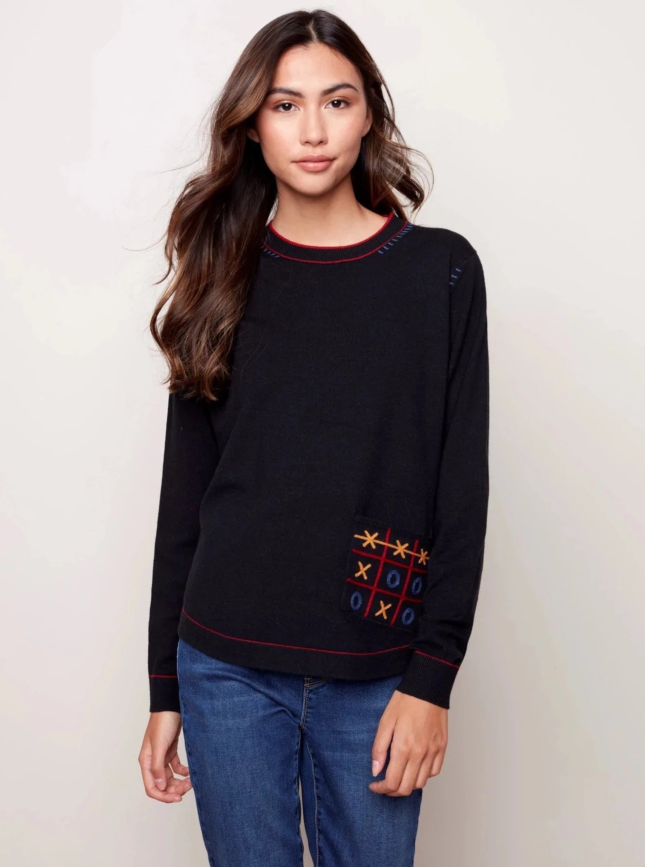 Crew Neck Sweater with Pocket and Embroidery Detail [Black-C2474] Sequined Glittery Shiny