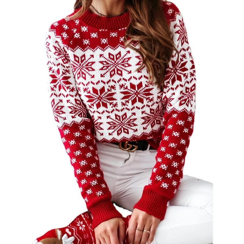 Casual Women Christmas Snowflake Knitting Sweaters Ribbed Striped Patterned