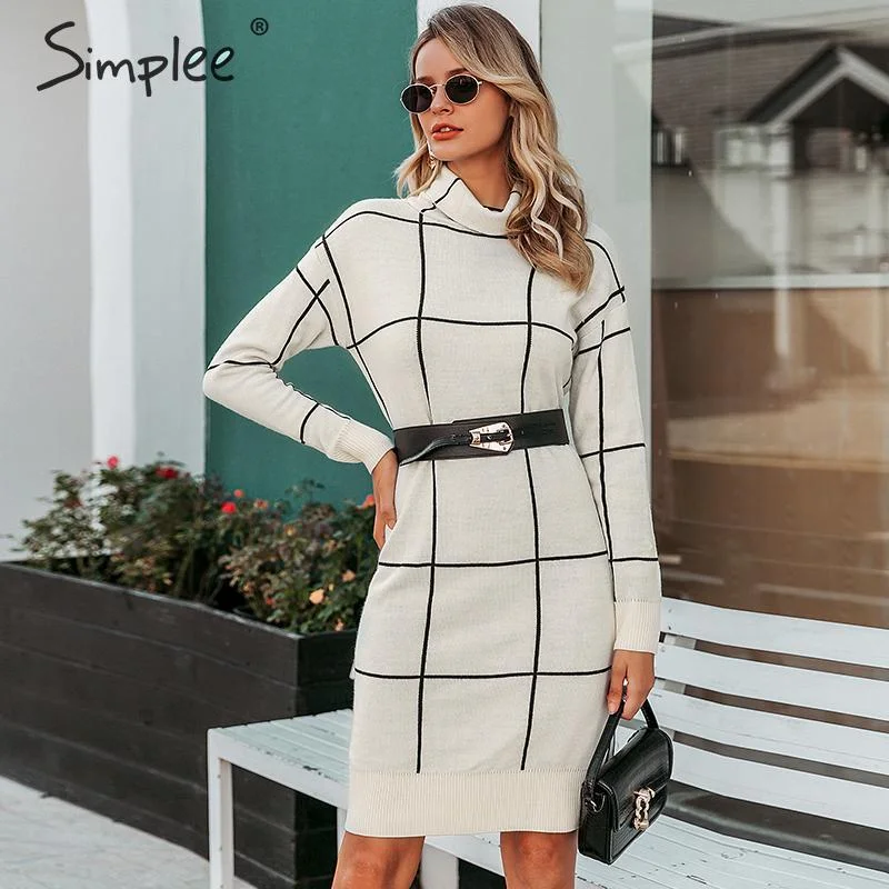 Elegant knitted Long sleeve turtleneck plaid Winter straight chic pullover sweater dress Sarouel Sleeve Pullover