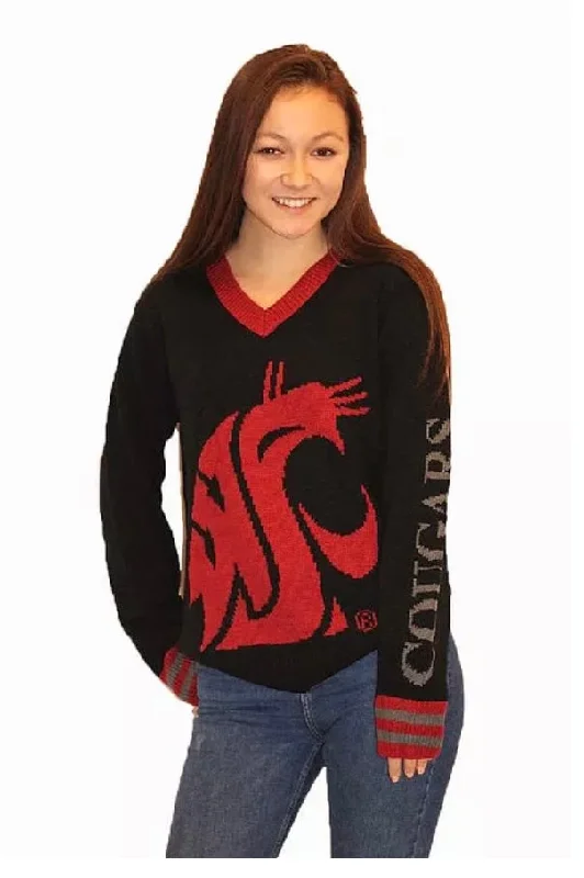 WSU Black and Crimson Cougars Tribute V-Neck Sweater (UNISEX SIZING) Terry Terry Cloth Terry Knit