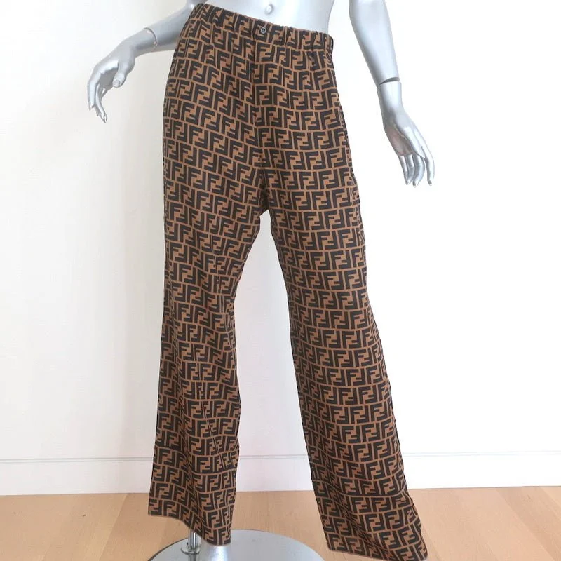 Fendi FF Logo Print Pajama Trousers Brown/Black Silk Twill Size 44 Trousers Top Rated