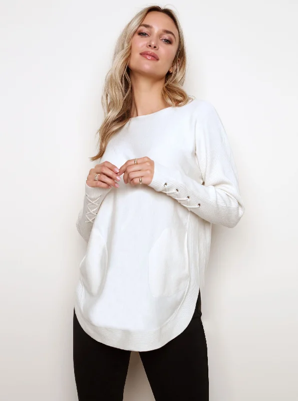 Sweater with Criss Cross Sleeve Detail [Cream-C2380R] Lace Blend Ribbed Blend Corduroy Blend