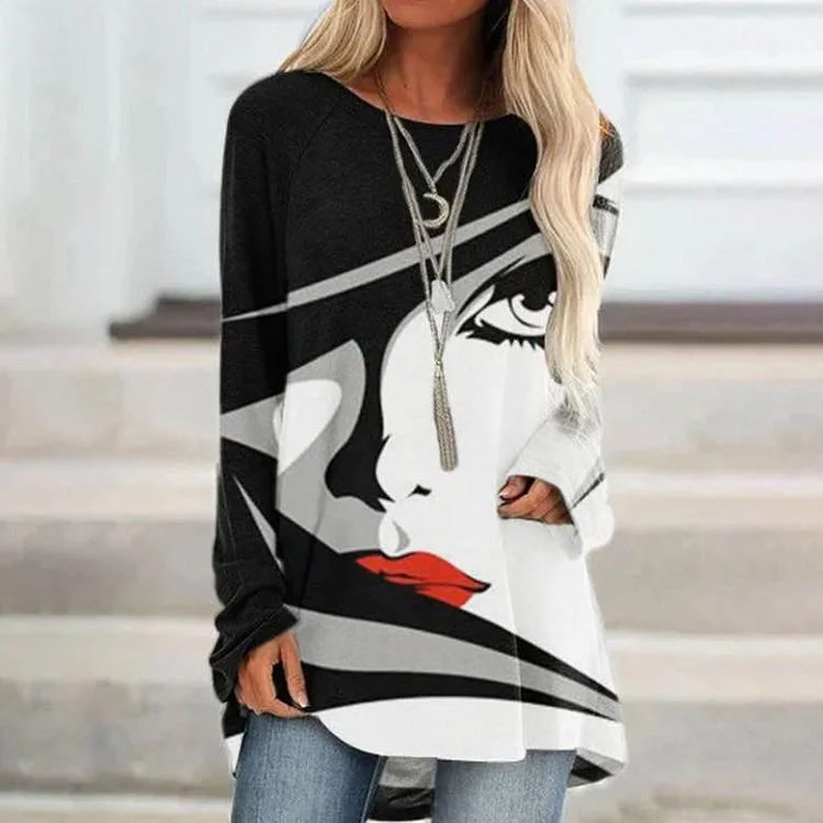 Leisure Pullover Face Print Loose Shirts Polo Neck Sweater