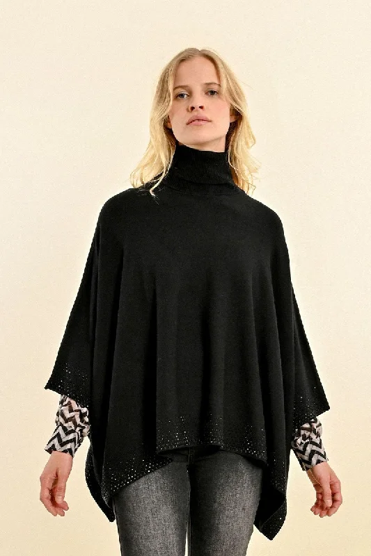 KNITTED PONCHO SWEATER - BLACK Handmade Hand-knitted Hand-woven