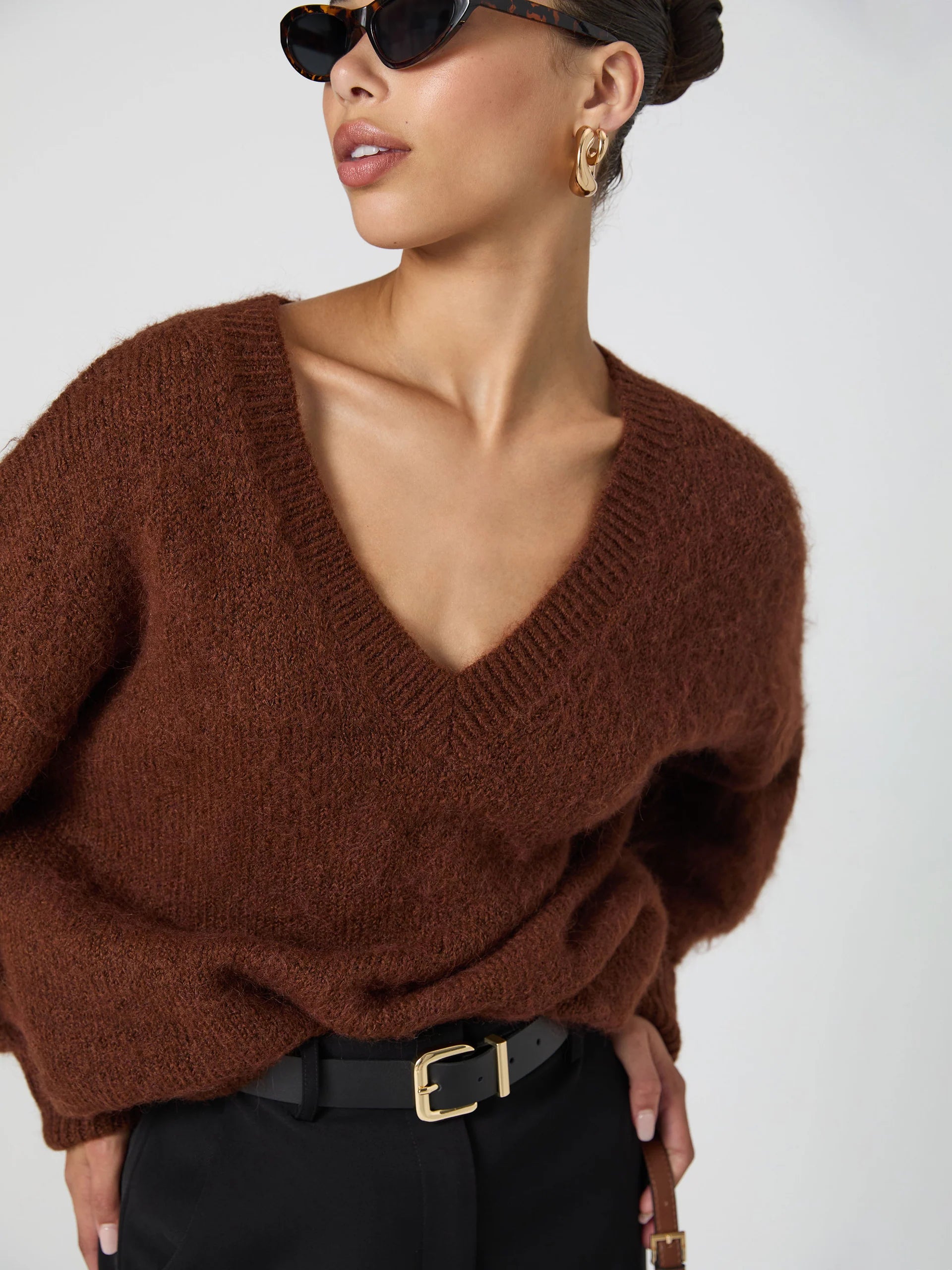 Fluffy V Neck Oversized Sweater Chocolate - French Connection Houndstooth Herringbone Solid