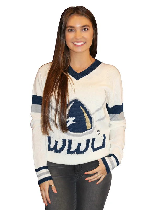 WWU Vikings White Tribute V-Neck Sweater (UNISEX SIZING) Bright Pastel Dark