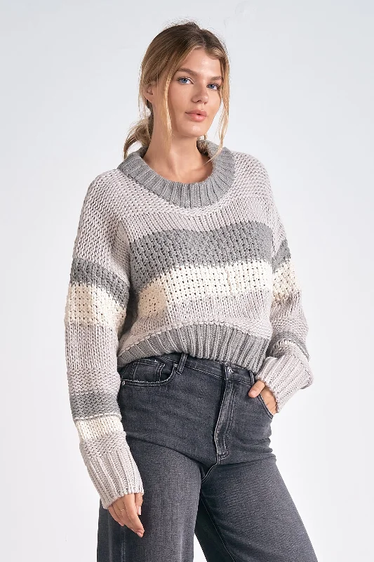 LONG SLEEVE CREW NECK CROPPED SWEATER - GREY STRIPE Iron Safe Non-Iron Wrinkle Free